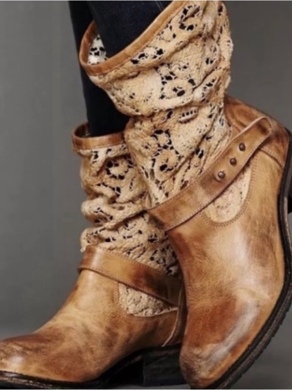 Free People Beau Size 10 Crocheted and Distressed Tan Leather Boots